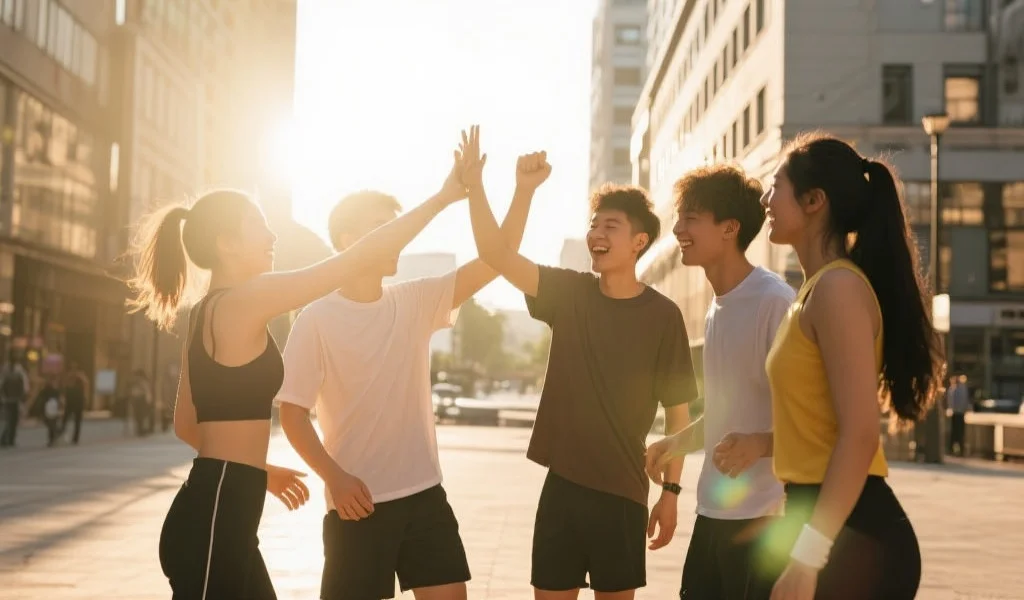 一群年轻人早晨在城市街头运动，阳光下他们充满活力，互相鼓励，象征被传奇人物精神激励的现代青年