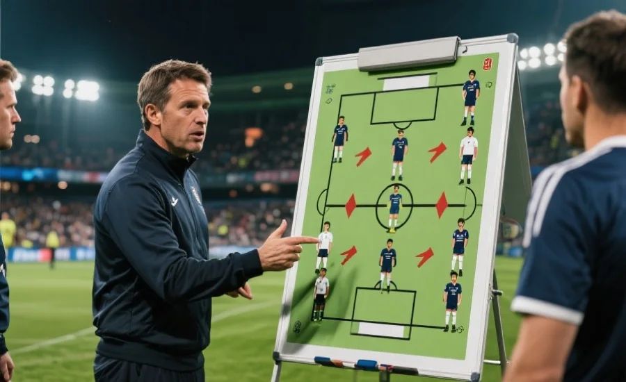 一张足球比赛中教练在战术板前讲解阵型的场景，画面突出战术板上的箭头和球员分布